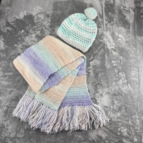 Handmade Accessories - Handmade Crochet Scarf and Beanie Set Pastel Ombre Pastel New Pom Pom Fringe